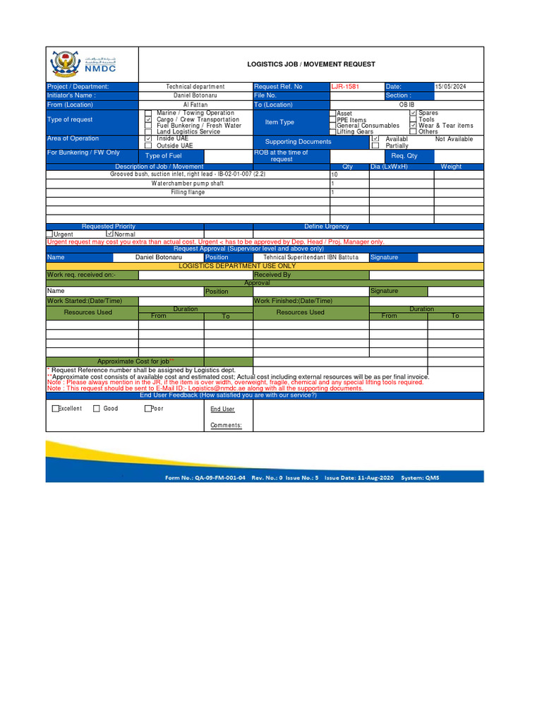 Logistics Job Movement Request Form | PDF | Transport