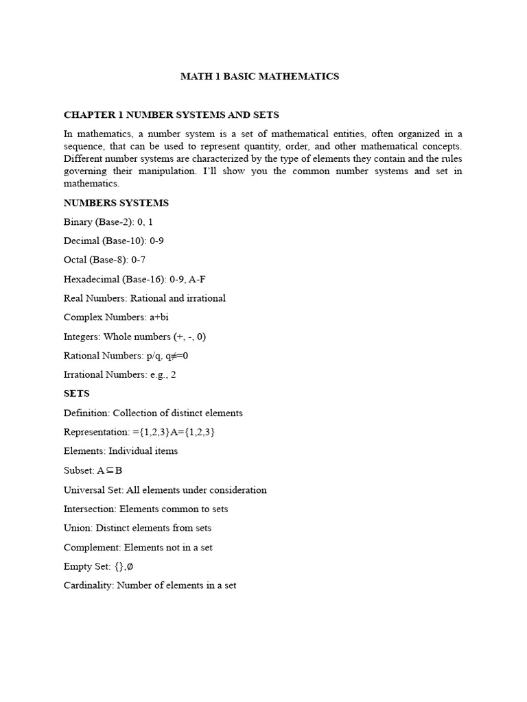 Basic Mathematics: Number Systems & Sets | PDF | Numbers | Line (Geometry)