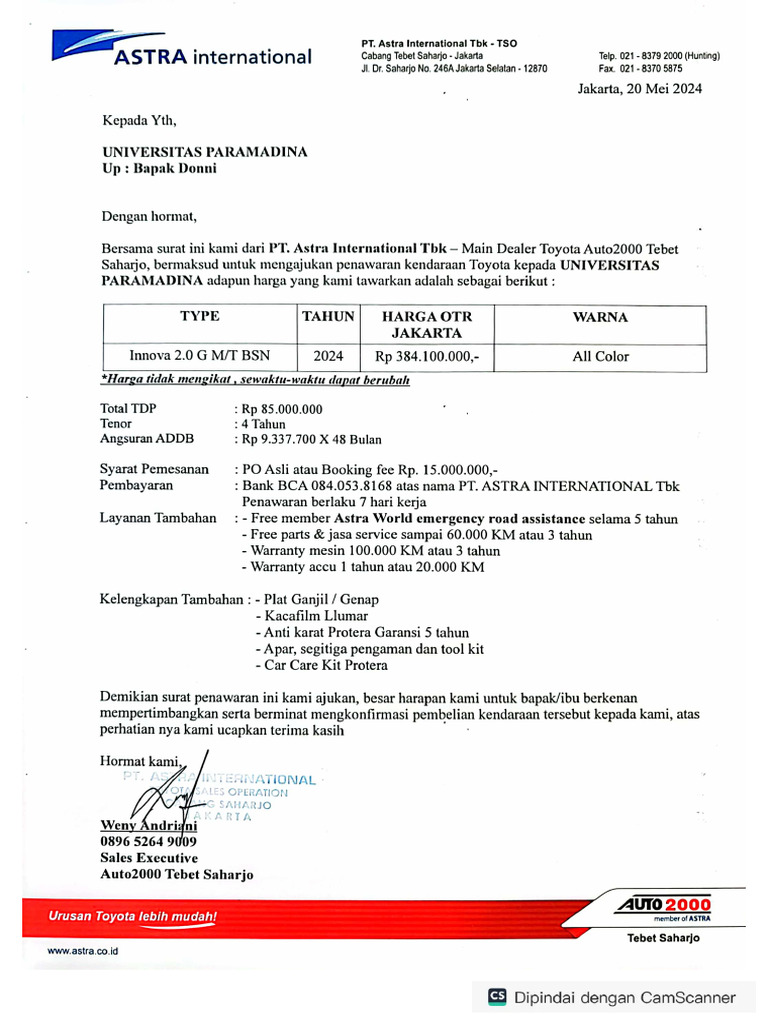 Surat penawaran toyota universitas paramadina pdf