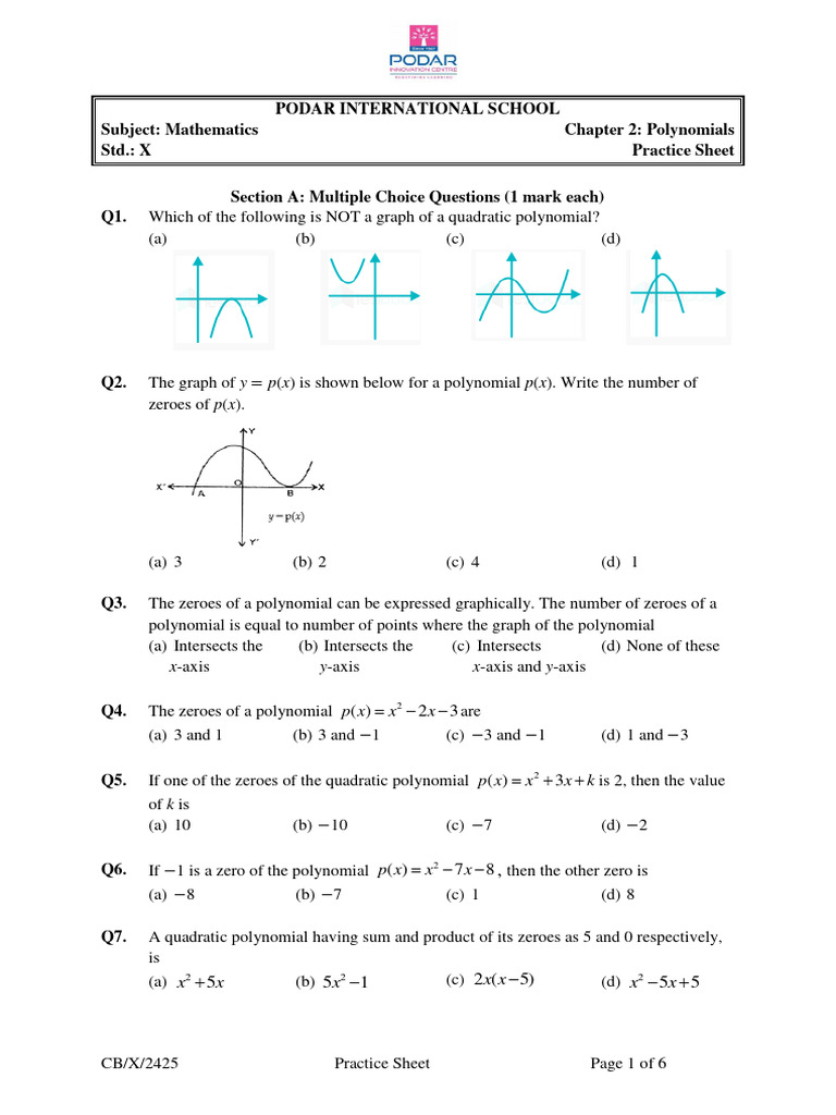 Mathematics Practice Sheet: Polynomials | PDF | Polynomial | Zero Of A ...