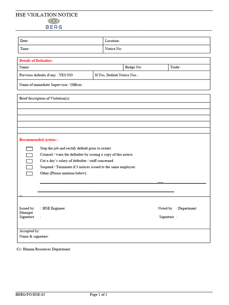 HSE Violation Notice Template | PDF | Finance & Money Management