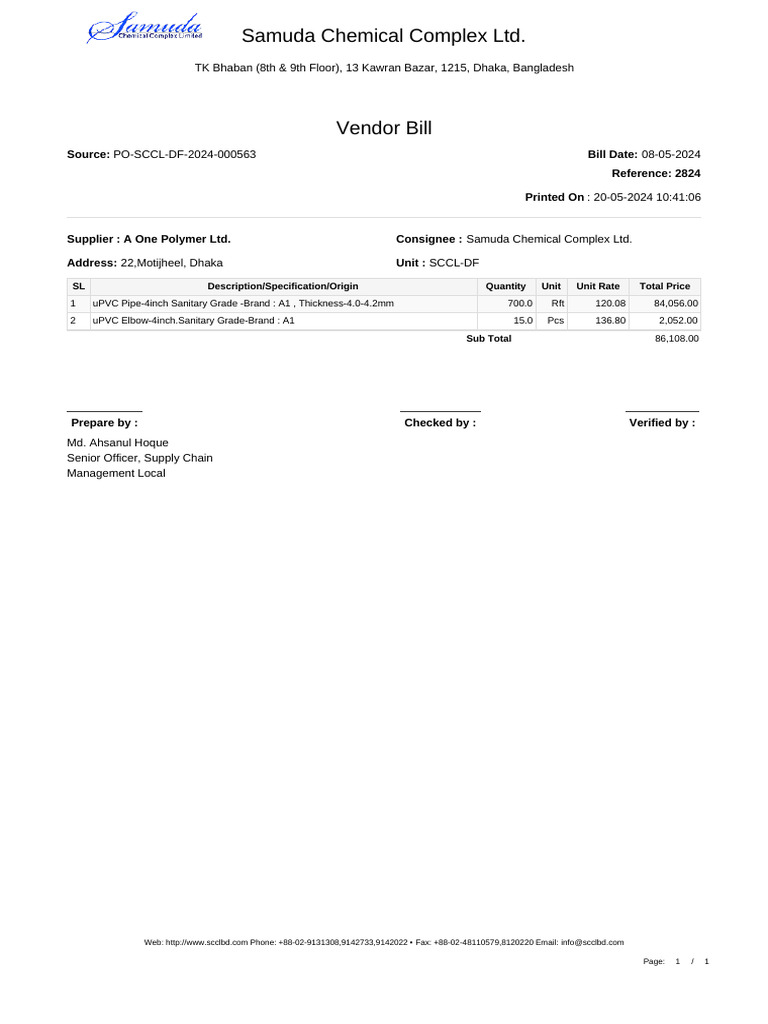 uPVC Pipe and Elbow Vendor Bill | PDF