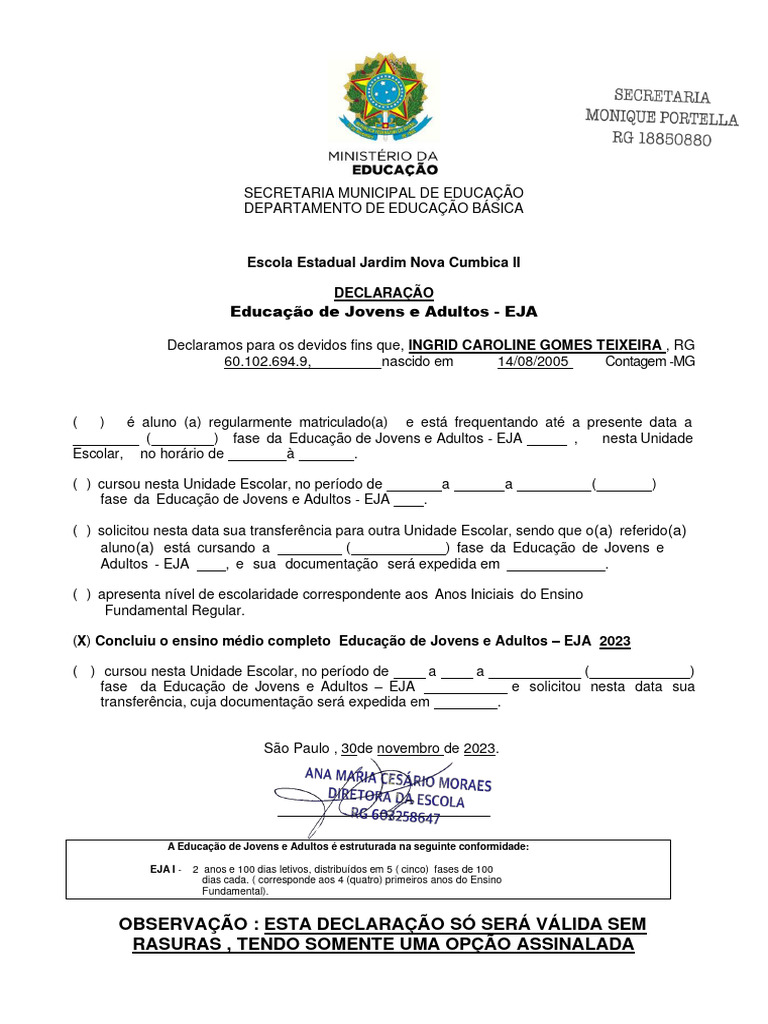 Declaração de Matrícula EJA 2023 | PDF