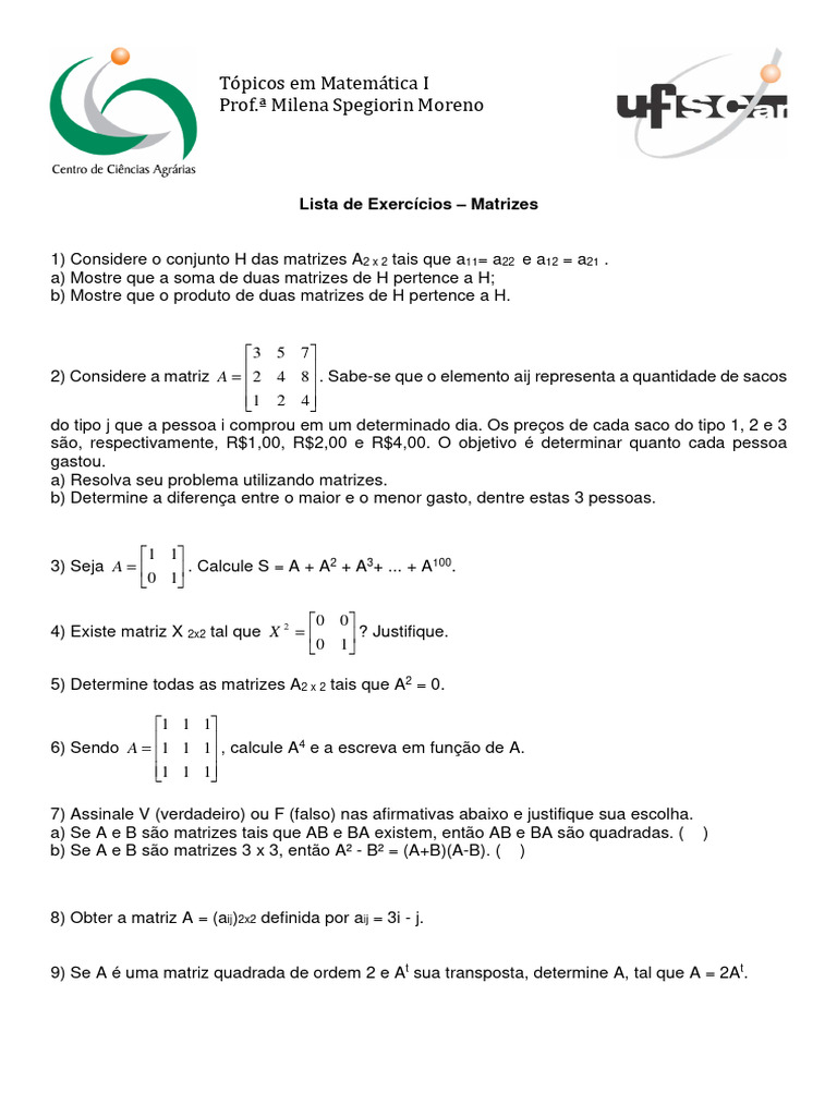 Lista de Exercícios sobre Matrizes | PDF | Matriz (Matemática ...