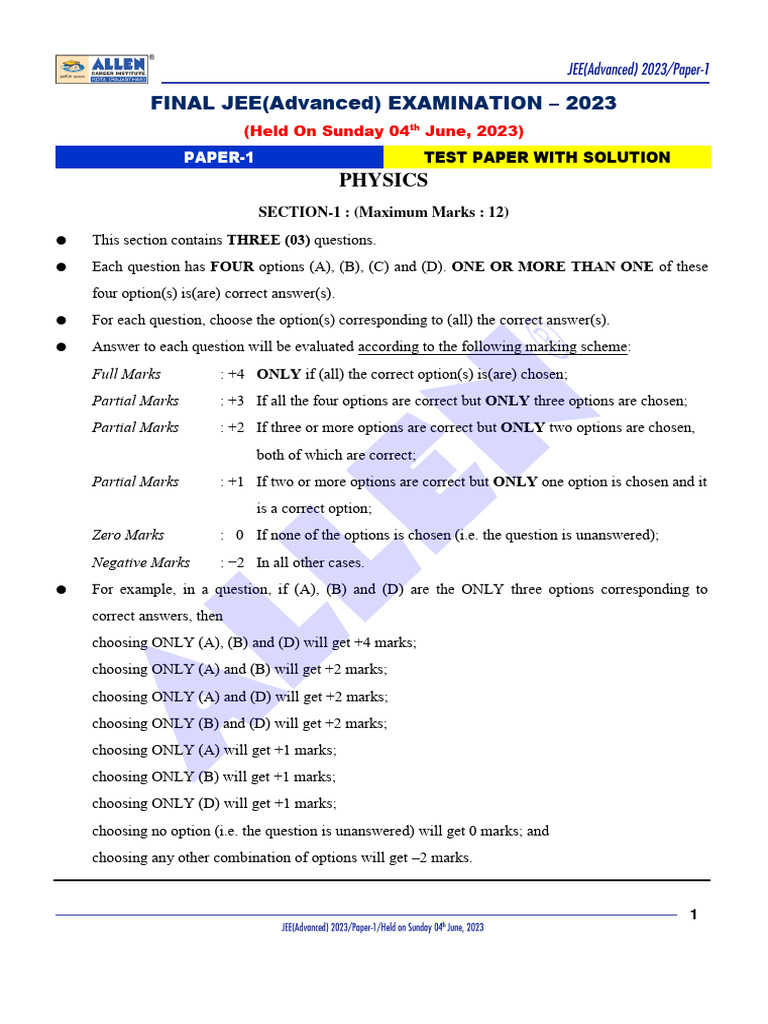JEE Advanced 2023 Paper-1 With Answer Solution f6w3nj | PDF ...