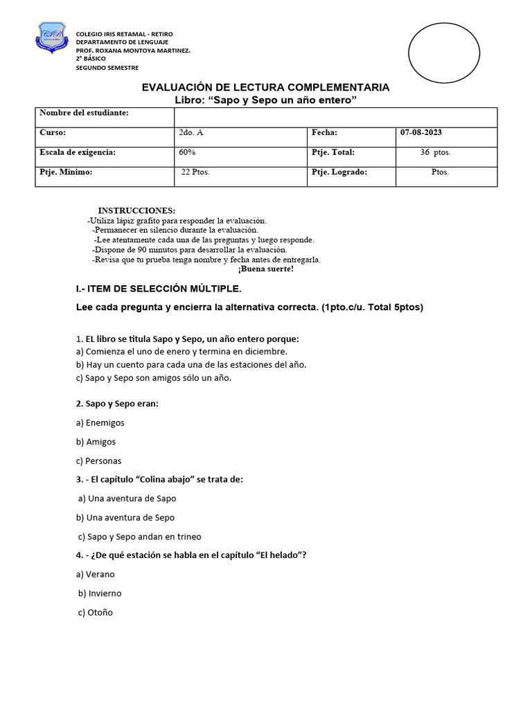 Evaluación Lectura: Sapo y Sepo | PDF | Estaciones