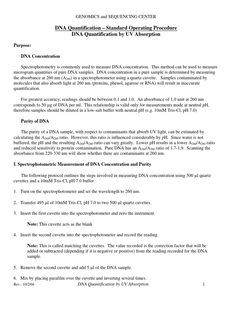 DNA Quantification by UV Absorption | PDF | Spectrophotometry ...