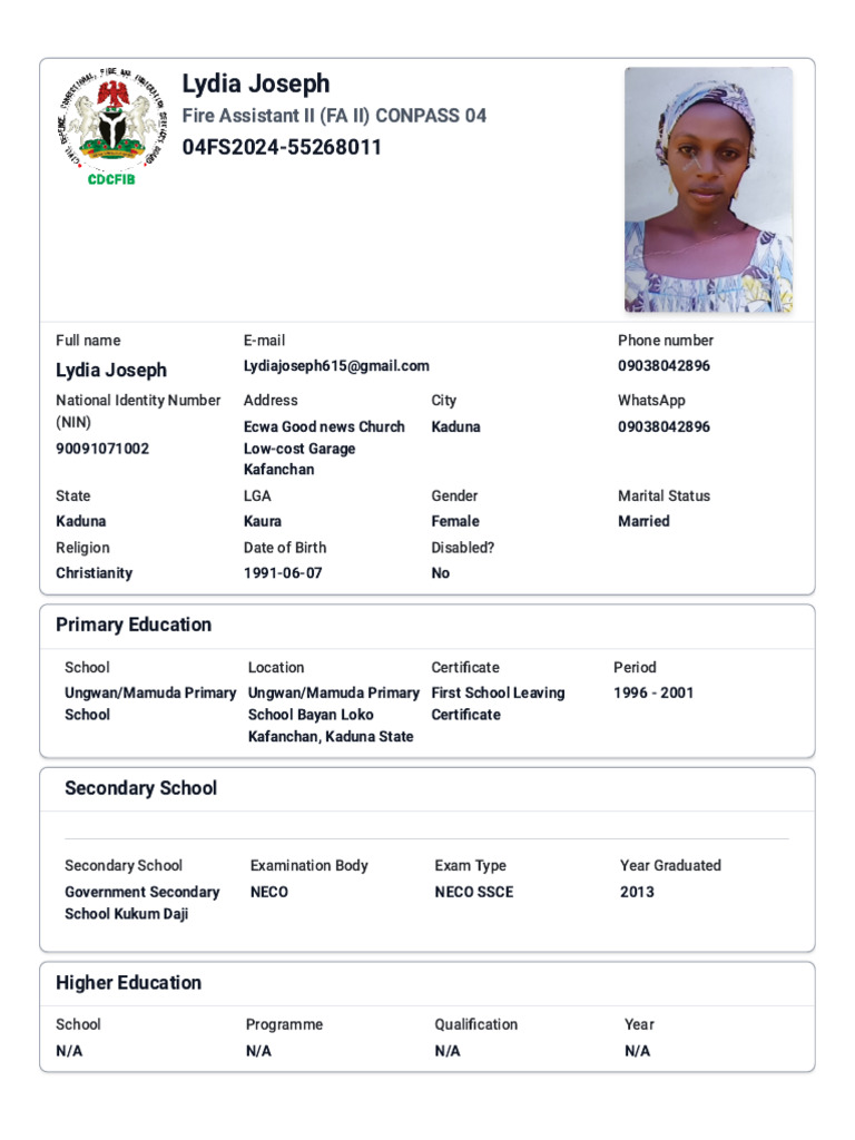 Lydia Joseph CDCFIB - Federal Fire Service | PDF