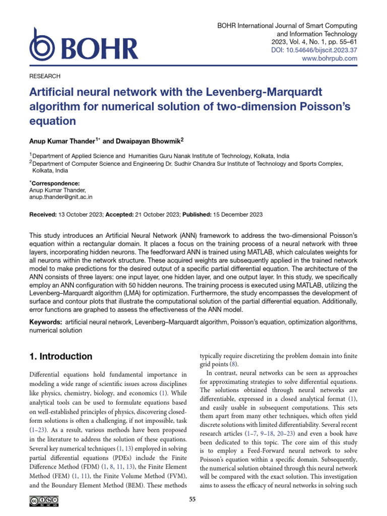 Artificial neural network with the levenberg marquardt algorithm for