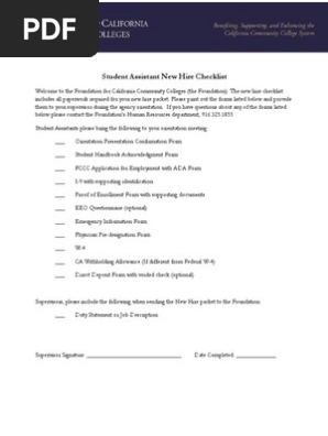 Student Assitant New Hire Checklist