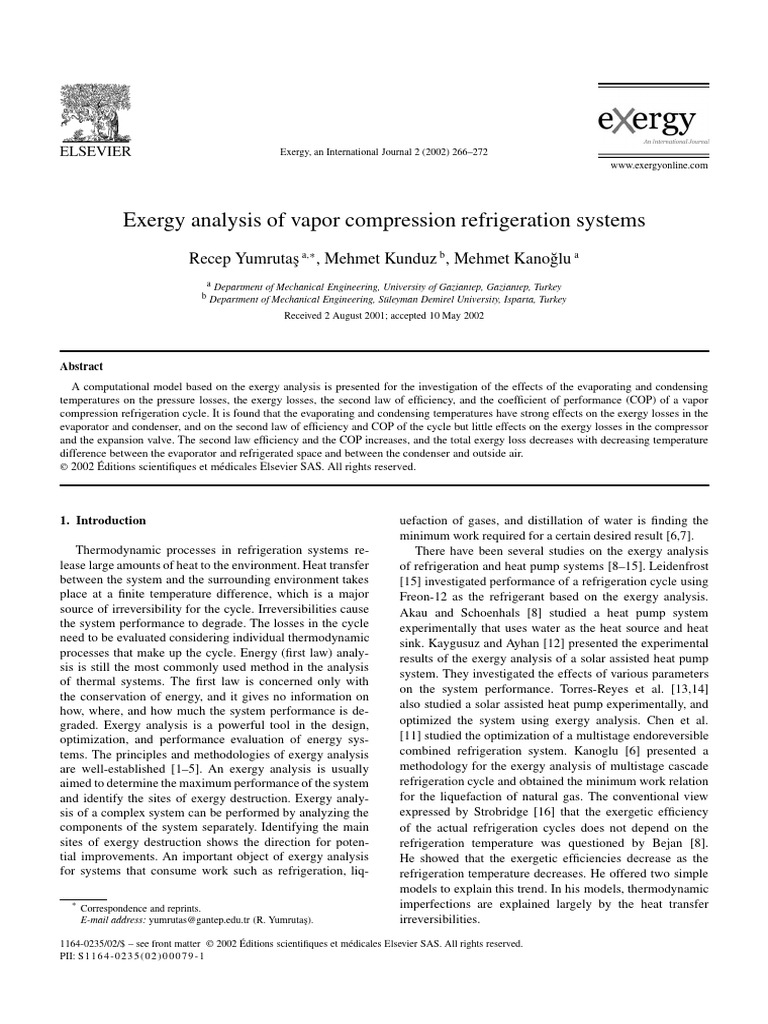 Exergy Analysis of Refrigeration Systems | PDF | Exergy | Heat Exchanger