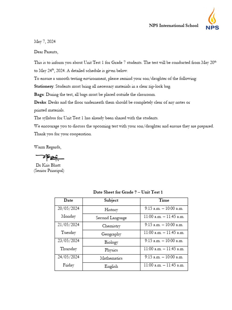 Grade 7 Unit Test 1 Schedule 2024 | PDF