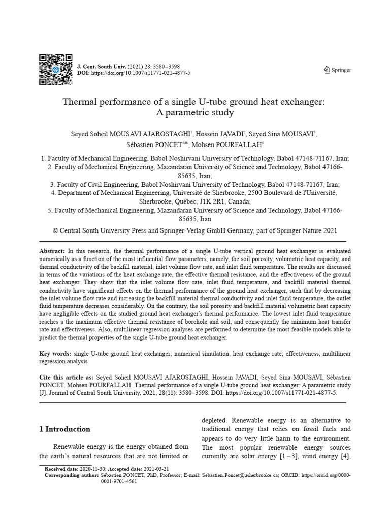 Thermal Performance of A Single U-Tube Ground Heat Exchanger | PDF ...