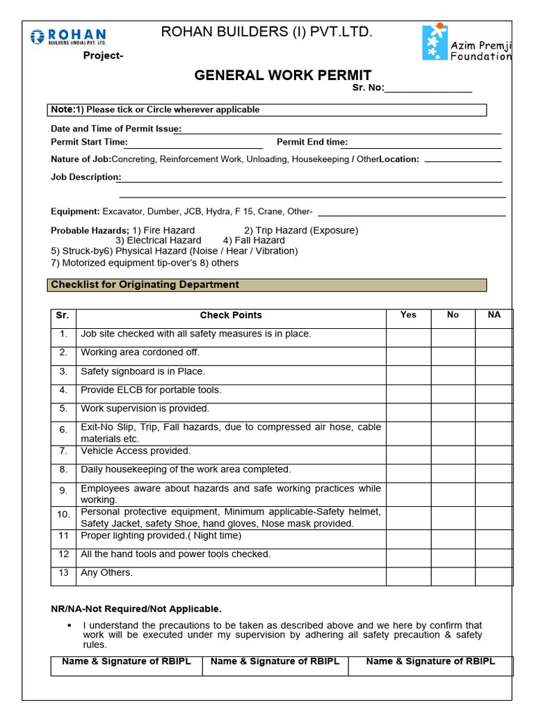 General Work Permit Template | PDF | Safety | Occupational Safety And ...