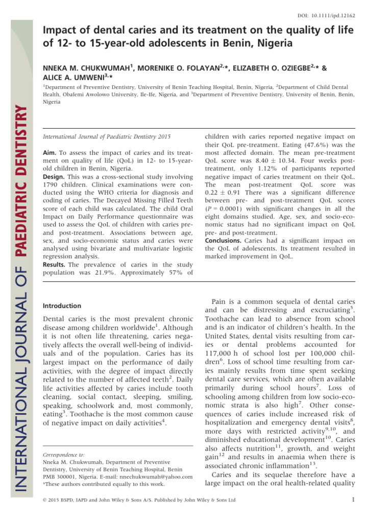 Dental Caries Impact on Adolescent QoL in Benin | PDF | Dentistry ...