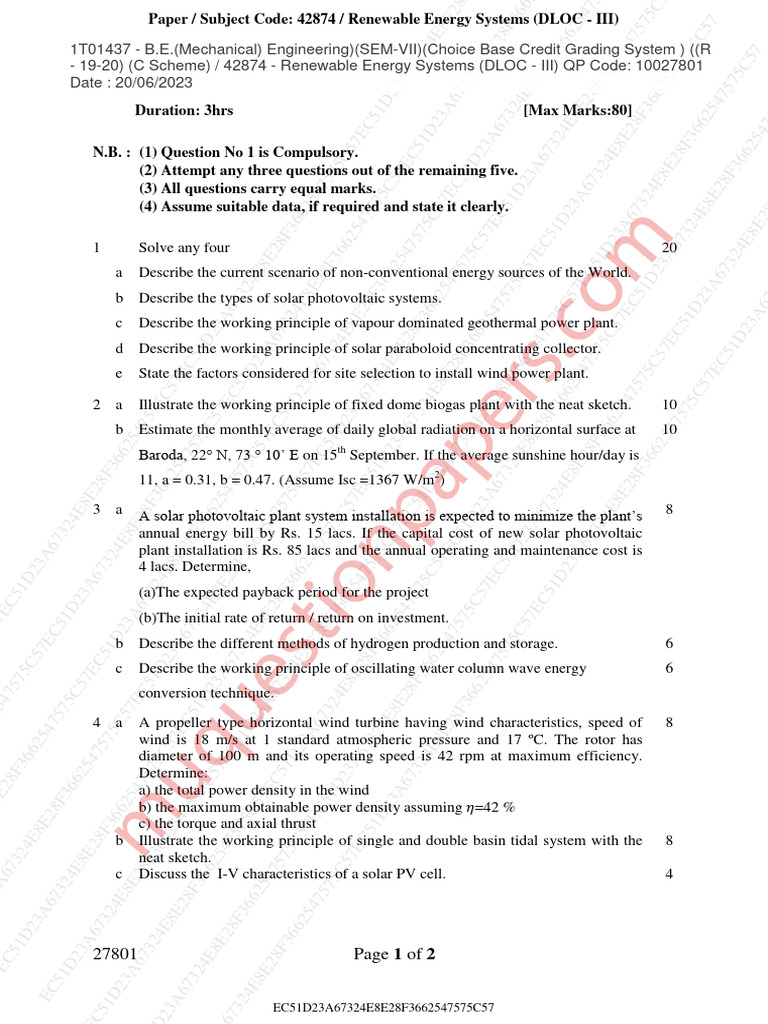 Renewable Energy Systems Exam Questions | PDF | Energy Technology ...