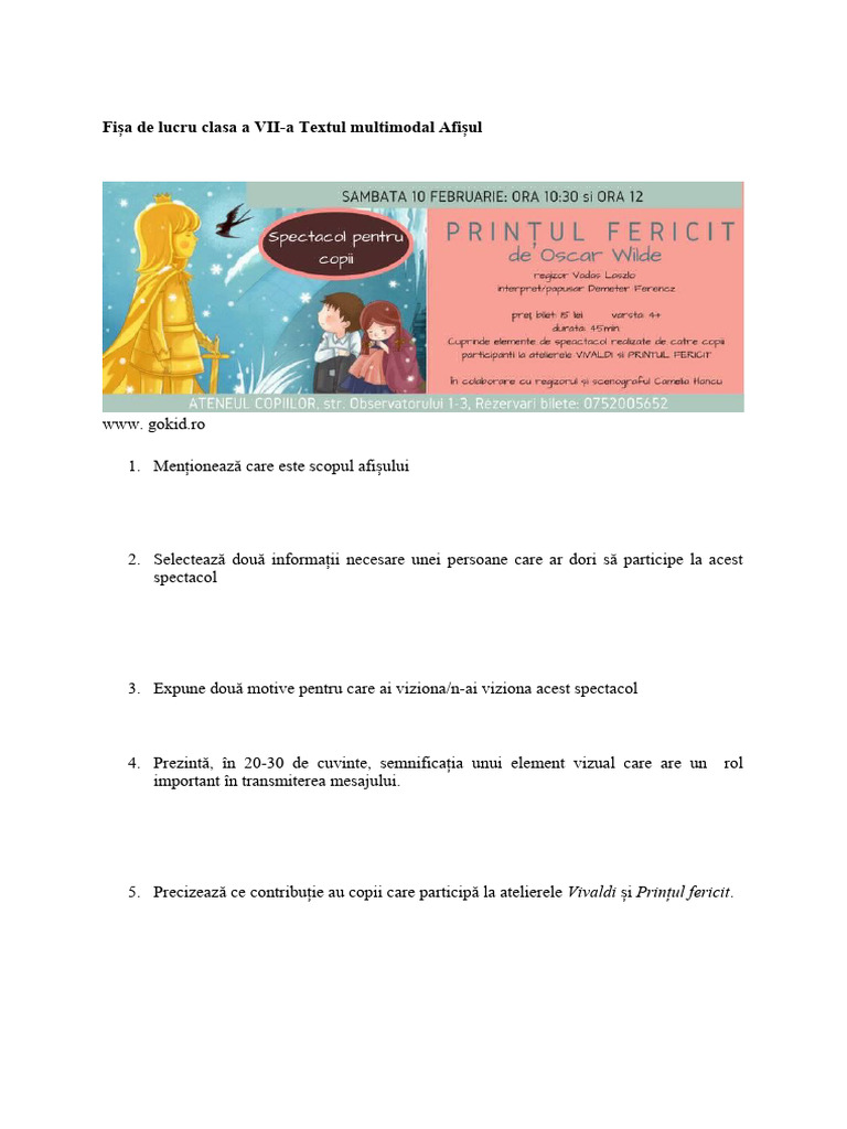 Fișa de Lucru Clasa A VII-A Textul Multimodal | PDF
