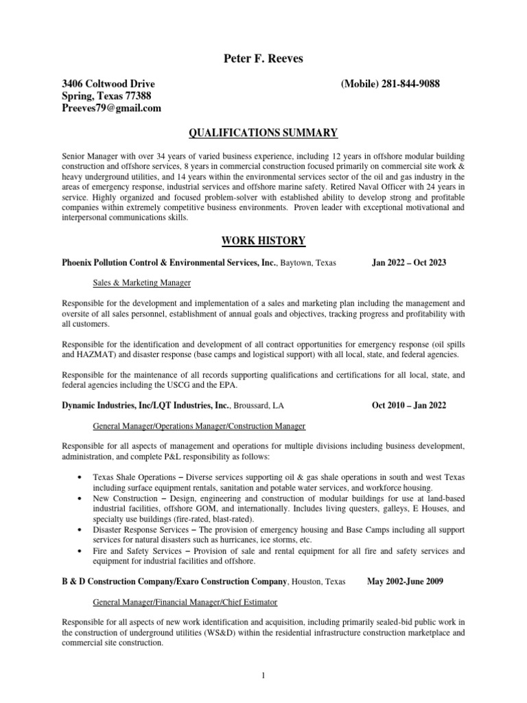 Reeves Resume 2024 Pdf United States Navy