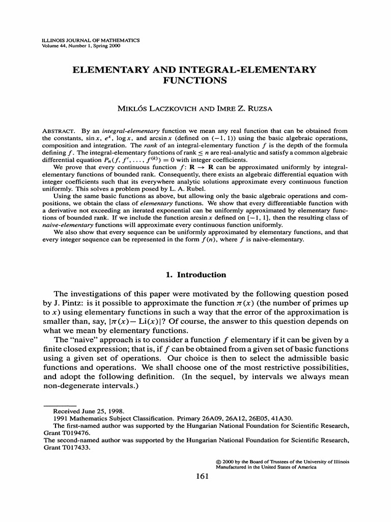 Elementary and integral elementary functions mikl6s imre z ruzsa