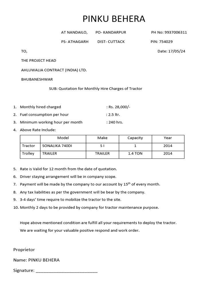 Tractor Hire Quotation Details | PDF | Finance & Money Management