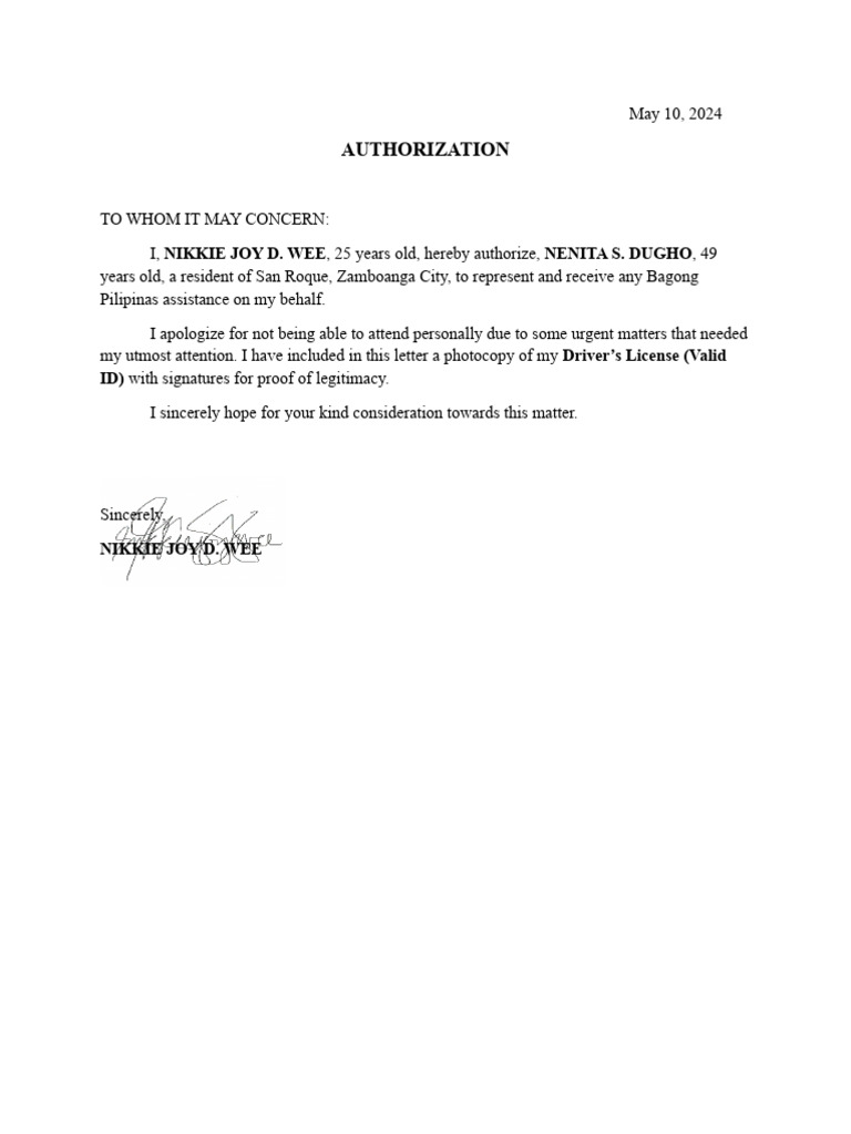 Authorization Letter for Ayuda Claim | PDF | Social Science | Law