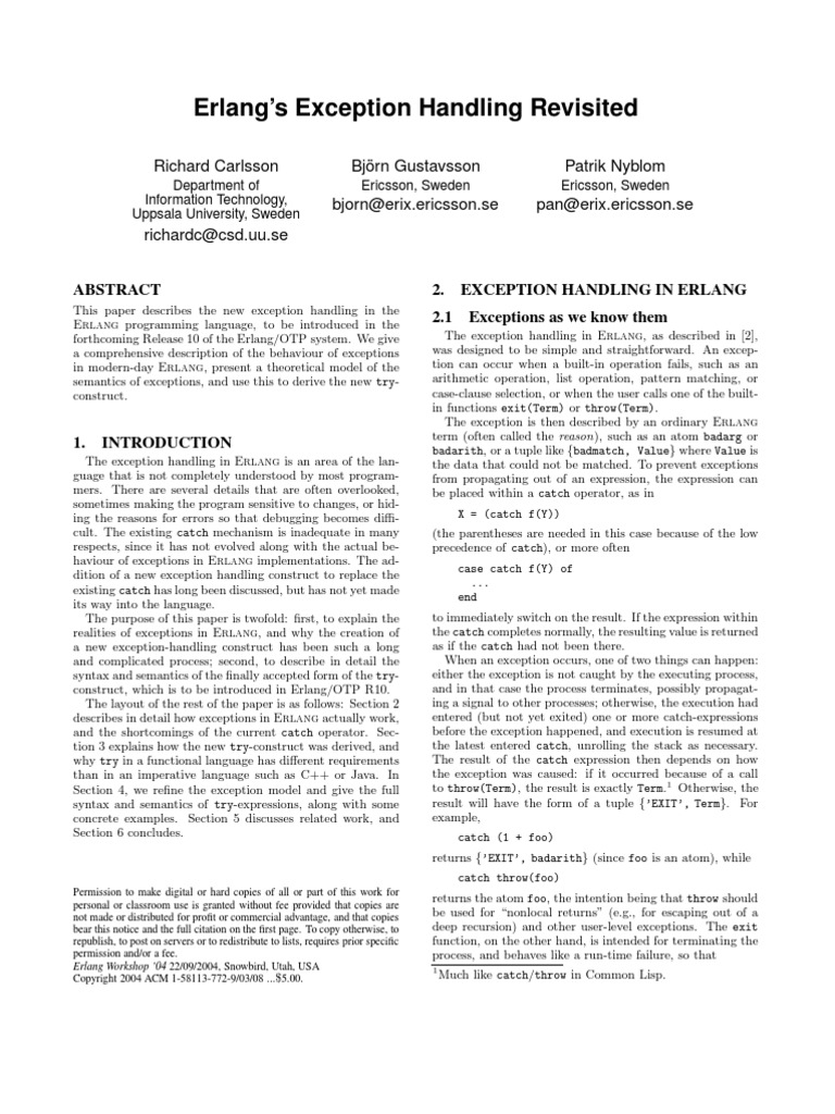 Erlang's Exception Handling Revisited | PDF | Control Flow | Subroutine