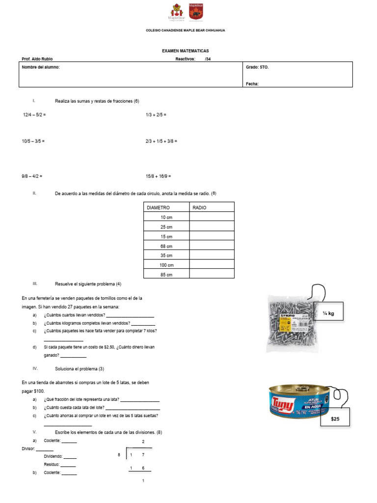 Examen de Matemáticas 5° Primaria | PDF | División (Matemáticas ...