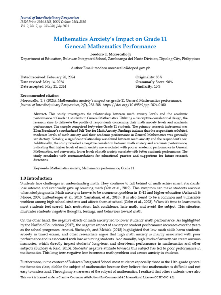 Math Anxiety and Grade 11 Performance | PDF | P Value | Anxiety