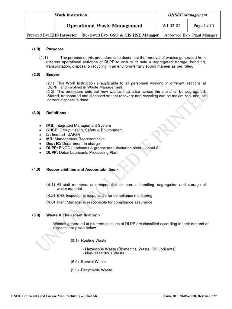 Operational Waste Management Procedures | PDF | Waste | Waste Management