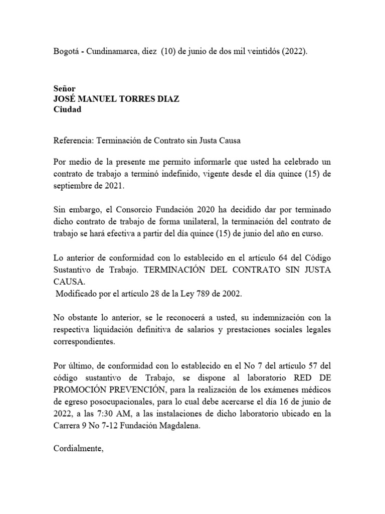 Carta De Terminacion De Contrato Sin Justa Causa Fioricet Vroguecarta ...