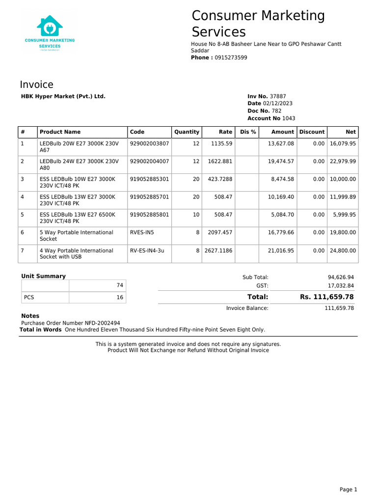 Invoice for LED Bulbs and Sockets | PDF | Business Documents