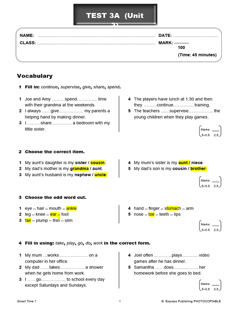 Smart Time 1 Unit 3 Test | PDF