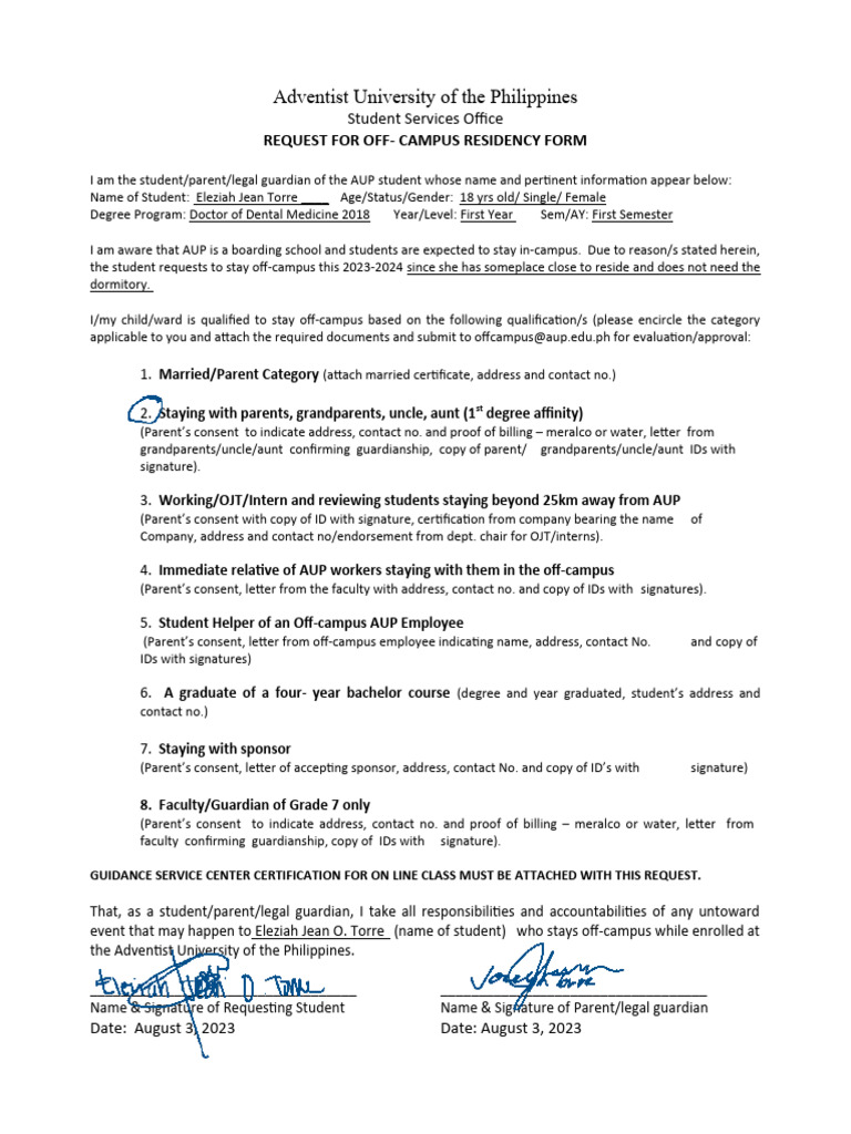 Request For Off Campus Residency Form 6012022 R 1 1 | PDF | Legal Guardian
