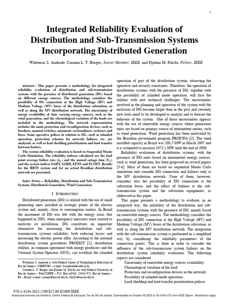 Integrated Reliability Evaluation with DG | PDF | Electric Power ...
