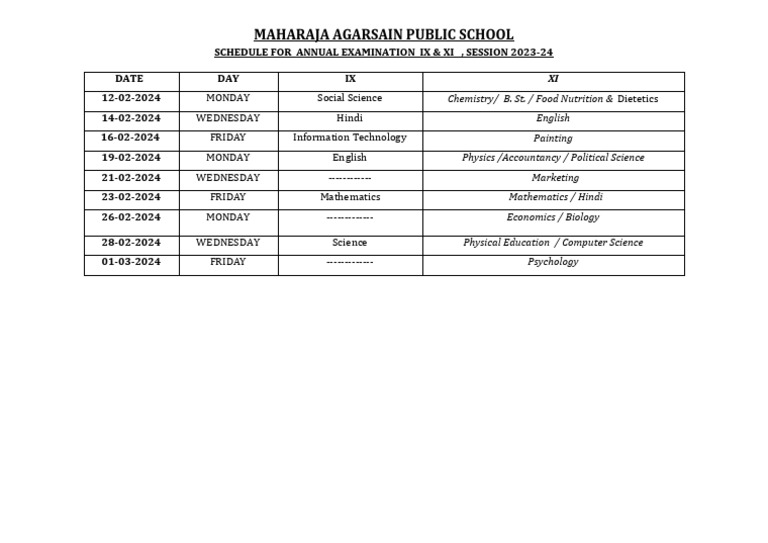 Annual Exam Schedule IX & XI 2023-24 | PDF