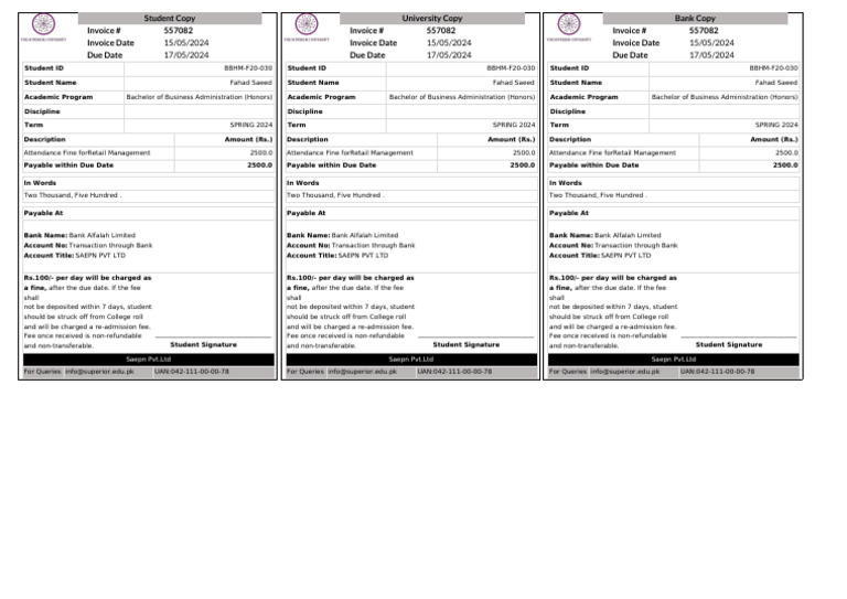 Attendance Fine Invoice for Students | PDF | Fee | Payments