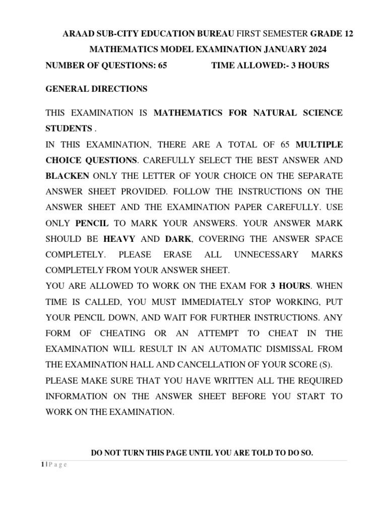 Maths Natural g12 Model Exam 2016 | PDF | Circle | Mathematics