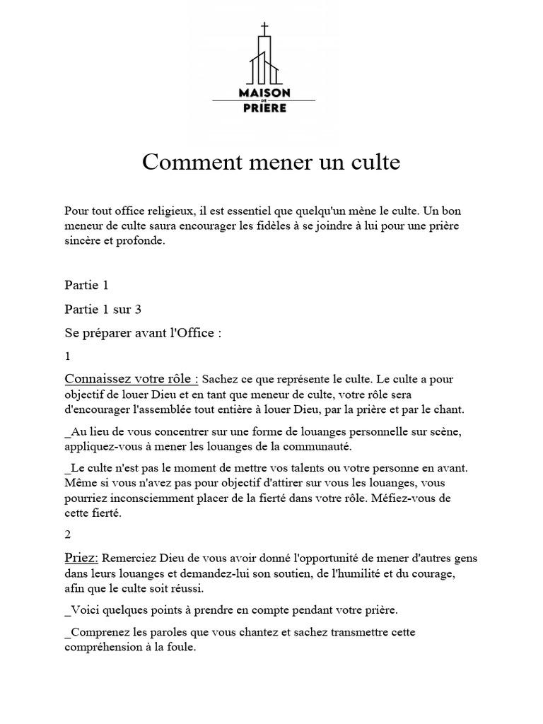 Guide pour diriger un culte de dimanche | PDF | Prière | Dieu