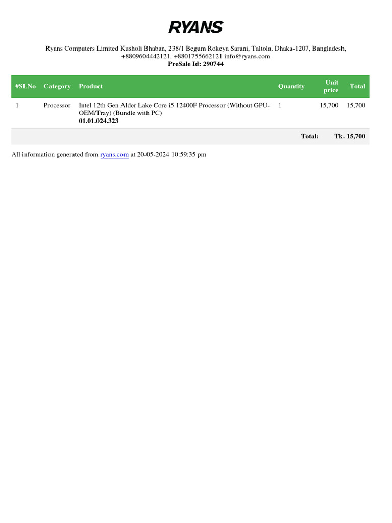 Purchase Invoice: Intel i5 12400F Processor | PDF | Computers