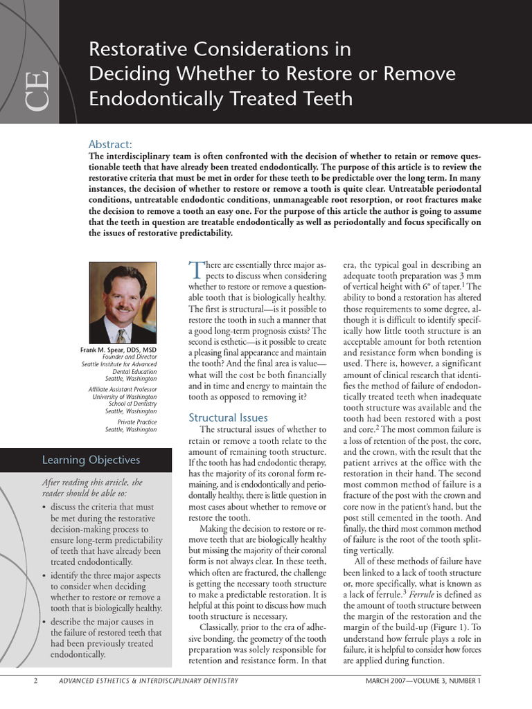 Restoring Endodontically Treated Teeth | PDF | Dental Implant | Human Tooth