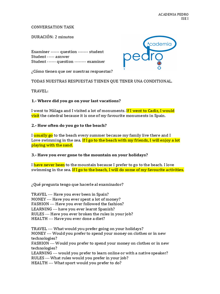 CONVERSATION TASK Ise I | PDF | Foreign Language Studies