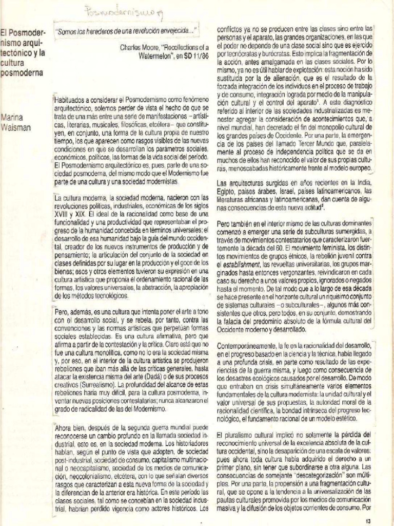 Waisman El Posmodernismo Arquitectónico Y La Cultura Posmoderna Pdf