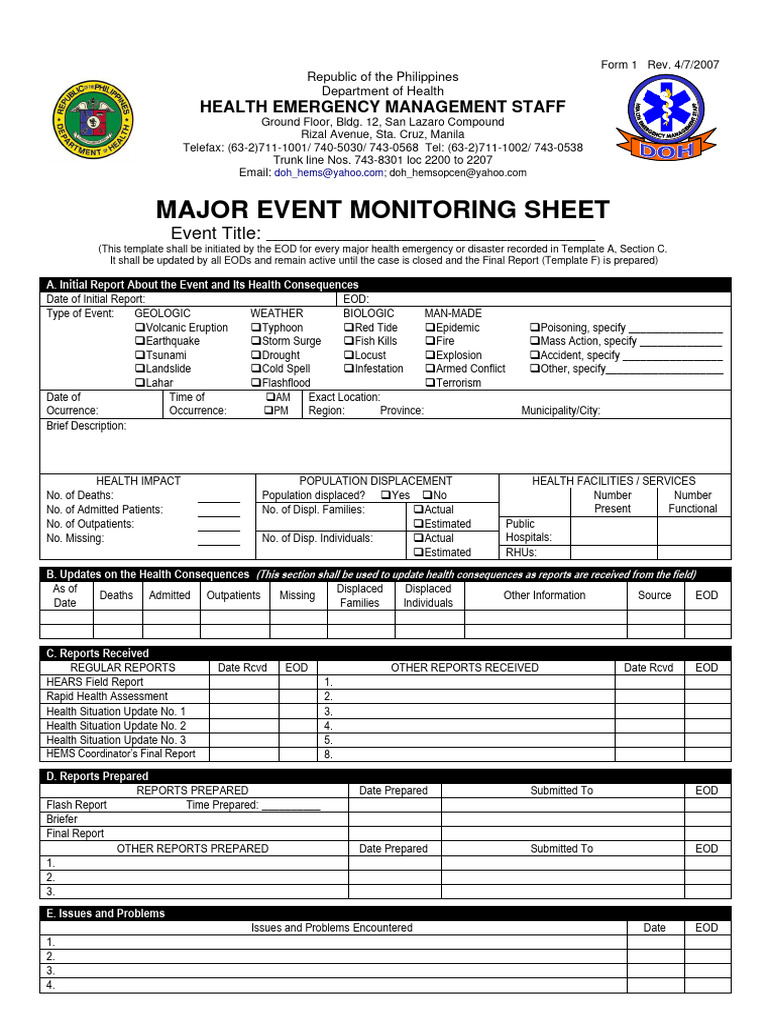 Major Health Emergency Monitoring Template | PDF | Natural Disasters ...