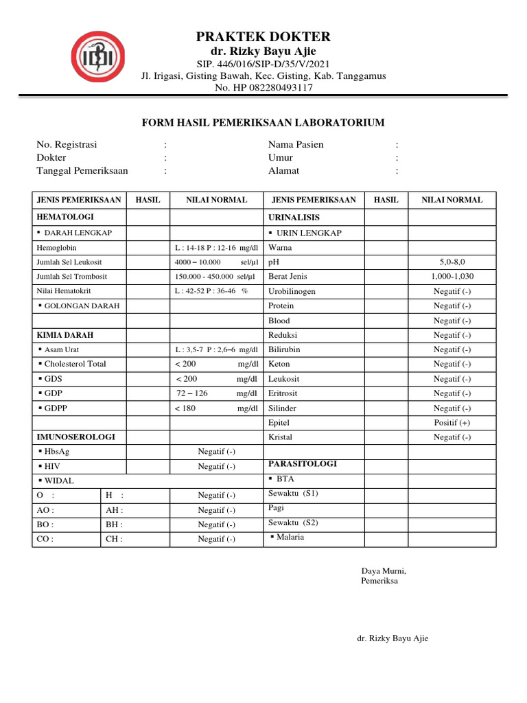 Formulir Hasil Pemeriksaan Laboratorium | PDF