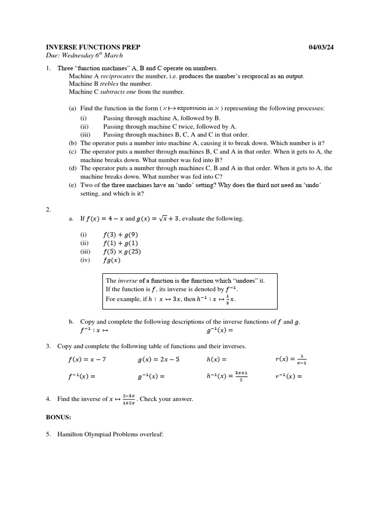 Inverse Functions Practice Exercises | PDF | Function (Mathematics ...