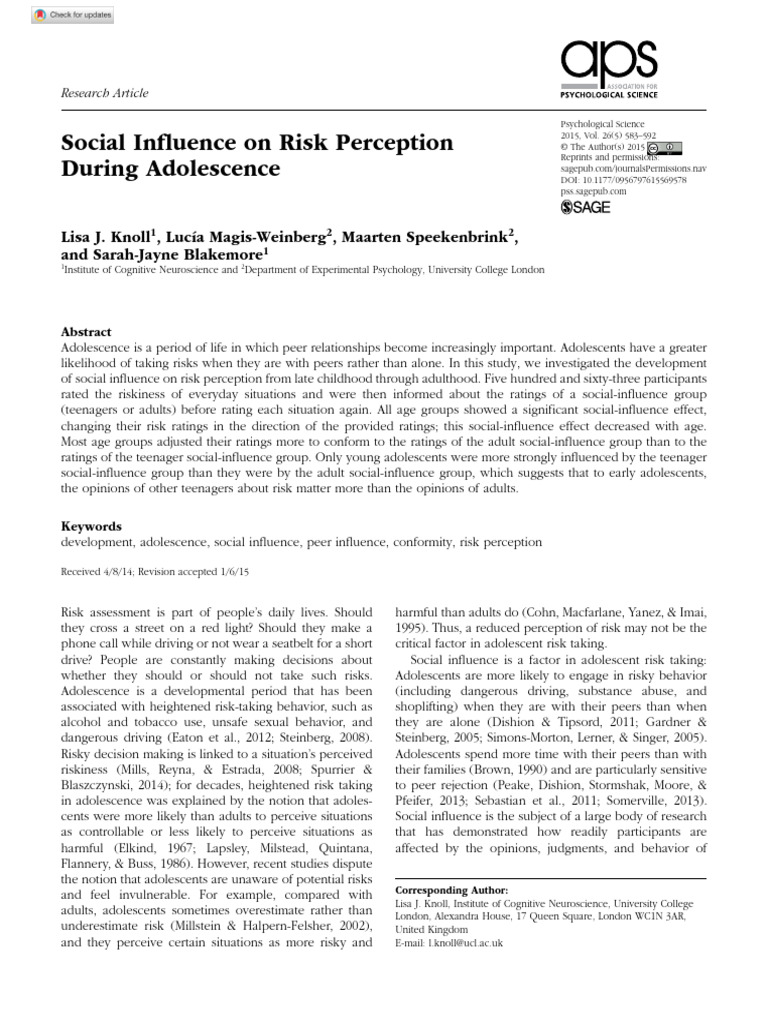 Social Influence On Risk Perception During Adolescence | PDF ...