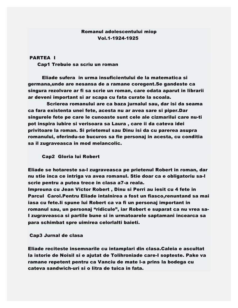Fisa De Lectura Romanul Adolescentului Miop Romanul Adolescentului Miop Rezumat Pe Capitole