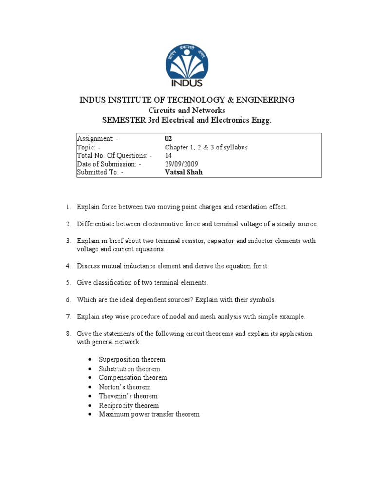 Circuits and Networks Assignment 3rd Sem | PDF | Science & Mathematics ...