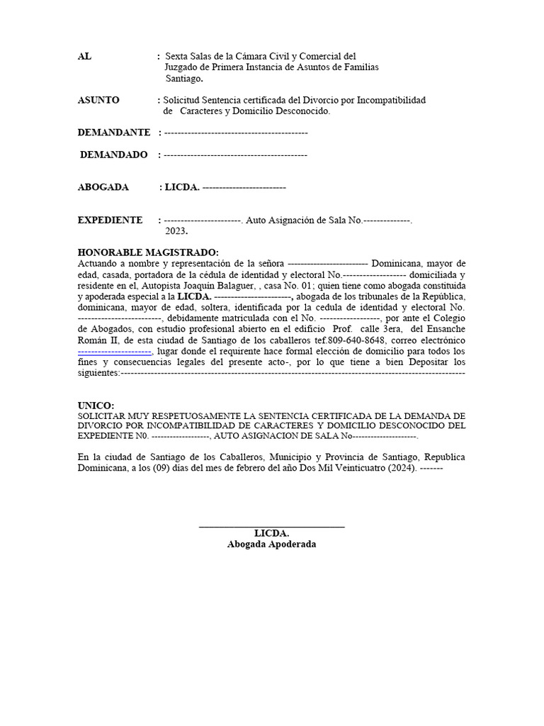 Solicitud de Sentencia de Divorcio Tempora de La Buena Esperanza | PDF