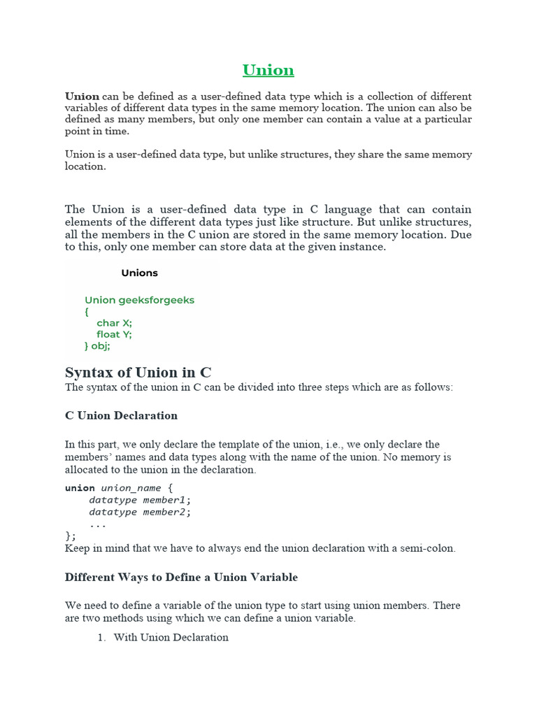 Union Iin C | PDF | Pointer (Computer Programming) | Integer (Computer ...
